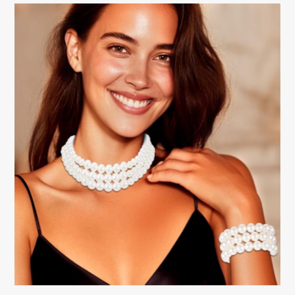 Pearl choker & bracelet set adjustable layered necklace 💛 - Picture 2 of 7